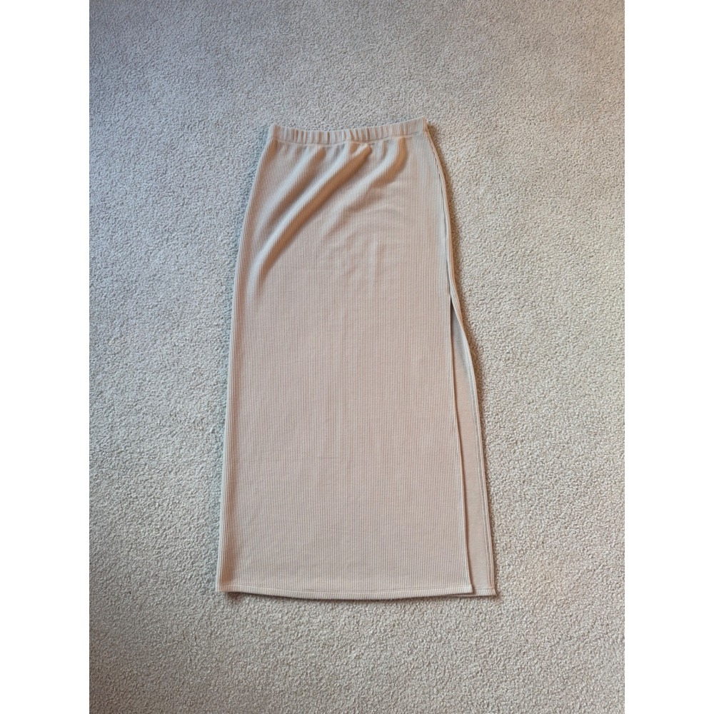 Minimalist Reformation Ribbed Maxi Skirt Small Beige Tan Side Slit Stretch